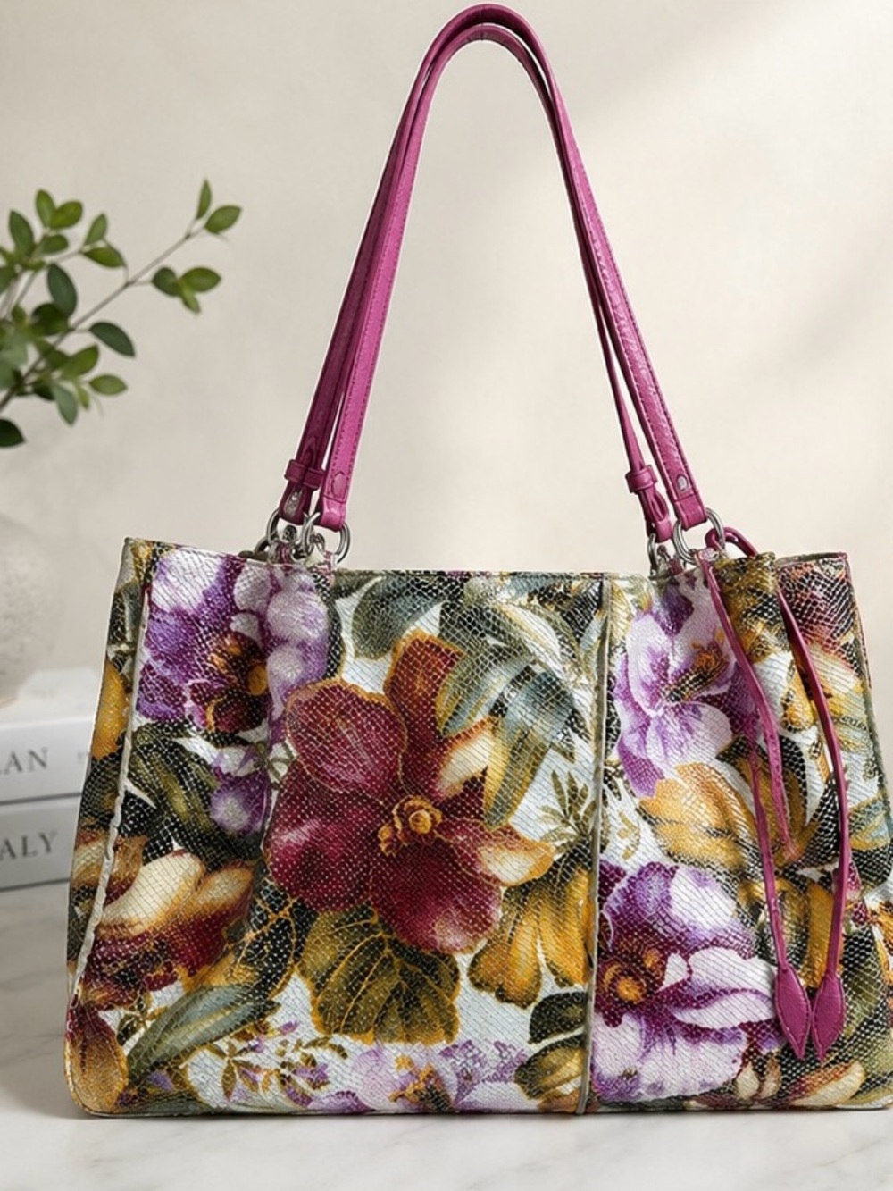 Roberta Gandolfi Italian Leather Orchid Floral Embossed Tote Shoulder Bag Italy